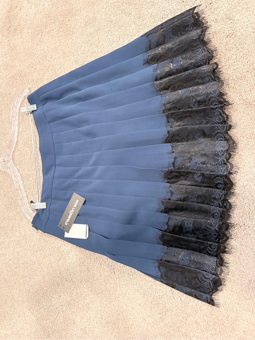 Karl Lagerfeld Blue Pleated Skirt With Black Lace Hem